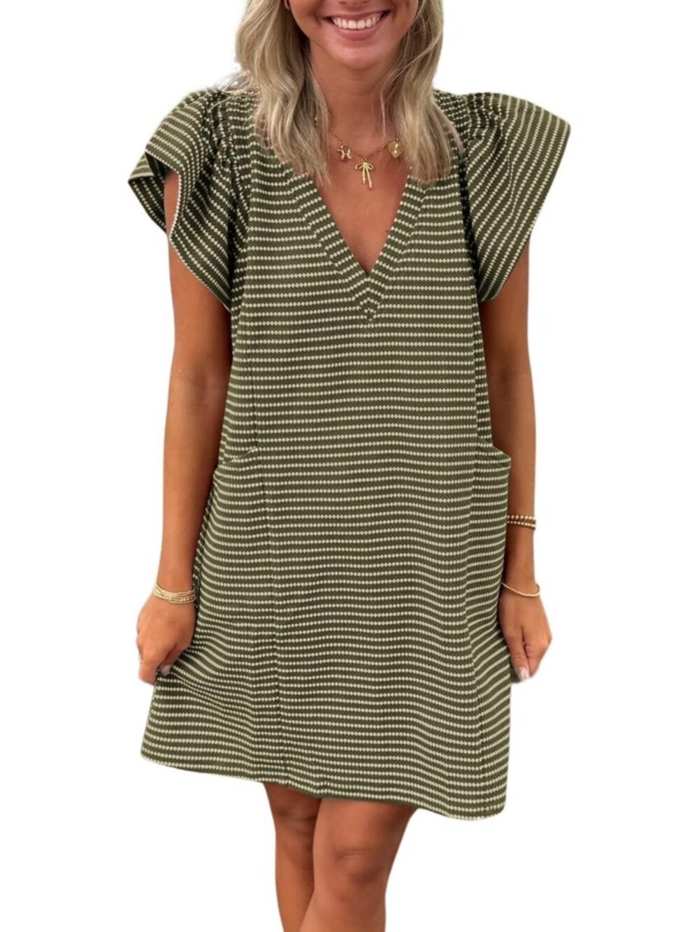Striped V-Neck Mini Dress with Puff Sleeves & Pockets - Casual Summer Style